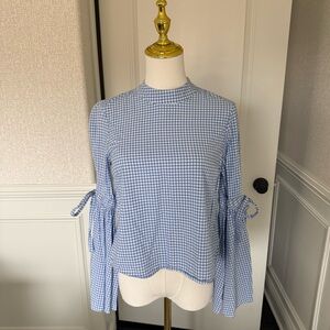 Iris Blue Checkered Blouse with Tie Statement Sleeves Small